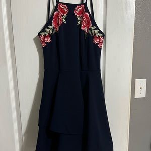 Navy Blue Cocktail Dress with Stitched Flower Accents